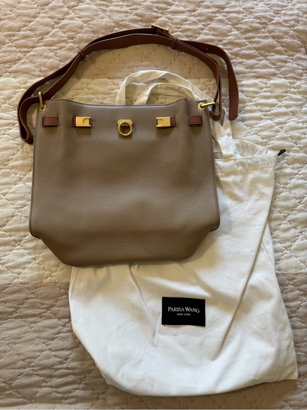 Parisa Wang Taupe Pebbled Leather Shoulder Bag with Brown Strap